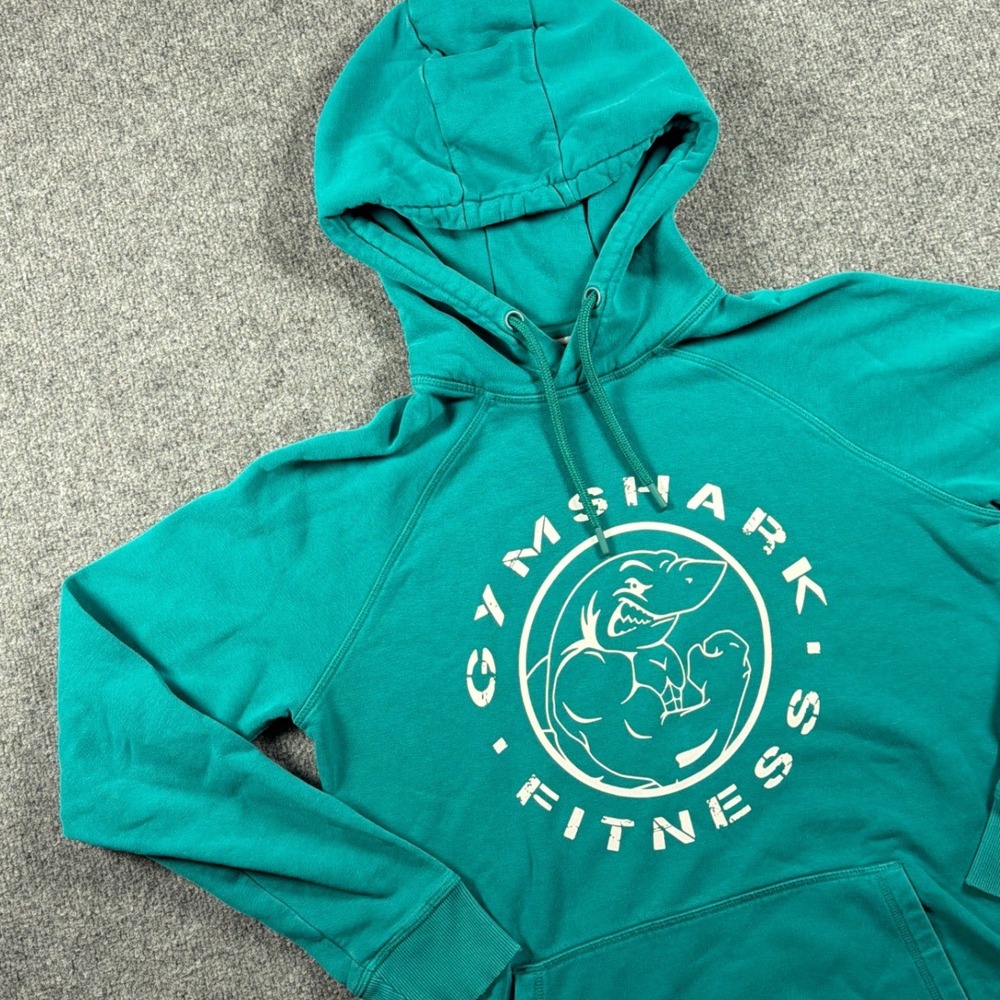 Gymshark Fitness Hoodie Mens Small Teal Green Graphic Muscle Shark Pullover
